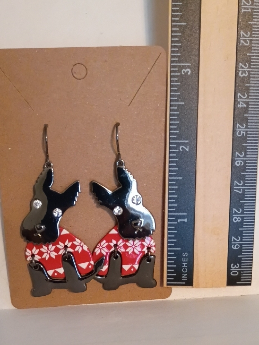 Scottie Dog Dangle Earrings Red Plaid Rhinestone Novelty Jewelry - Picture 6 of 6